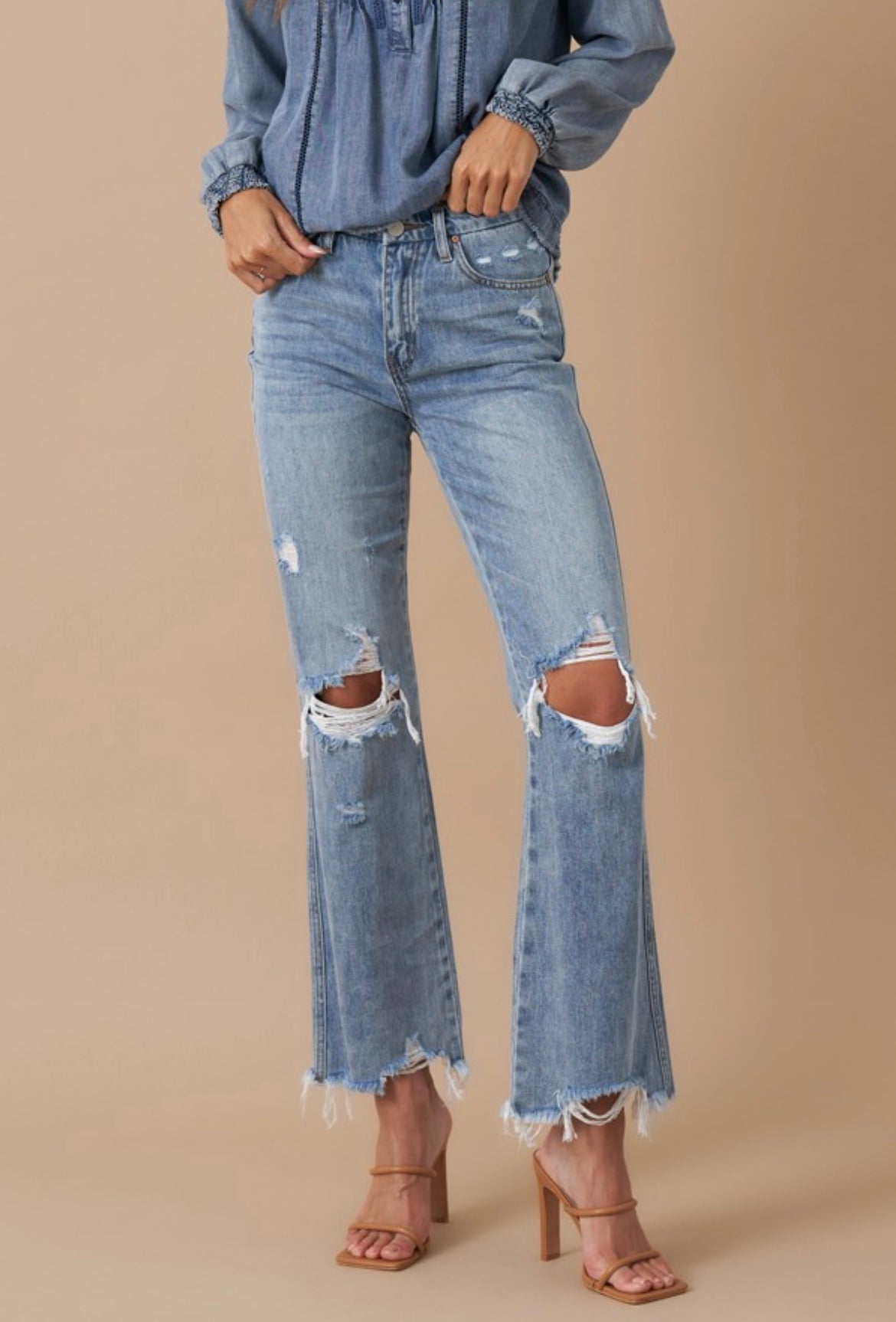 Midrise Distressed Wide Leg Denim