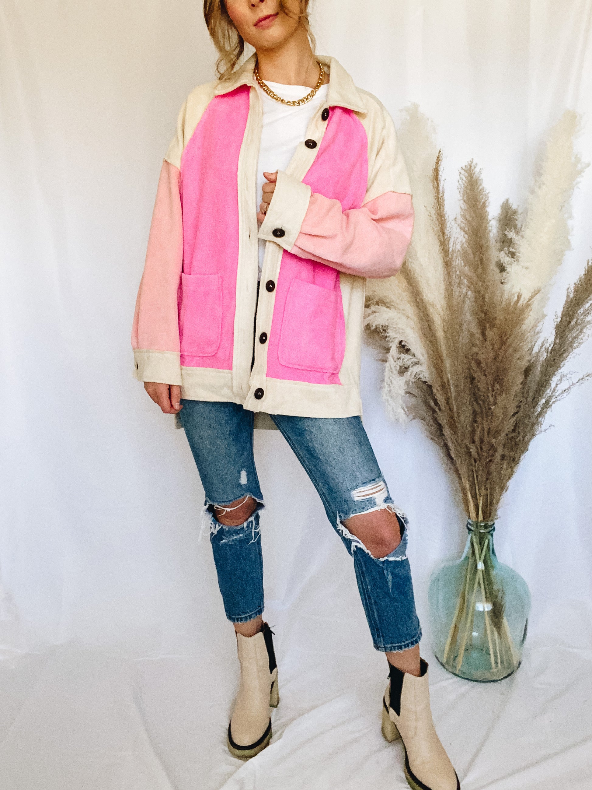 Color block hot pink and light pink plush fleece jacket with cream accents. Button details and pockets. Free people jacket dupe