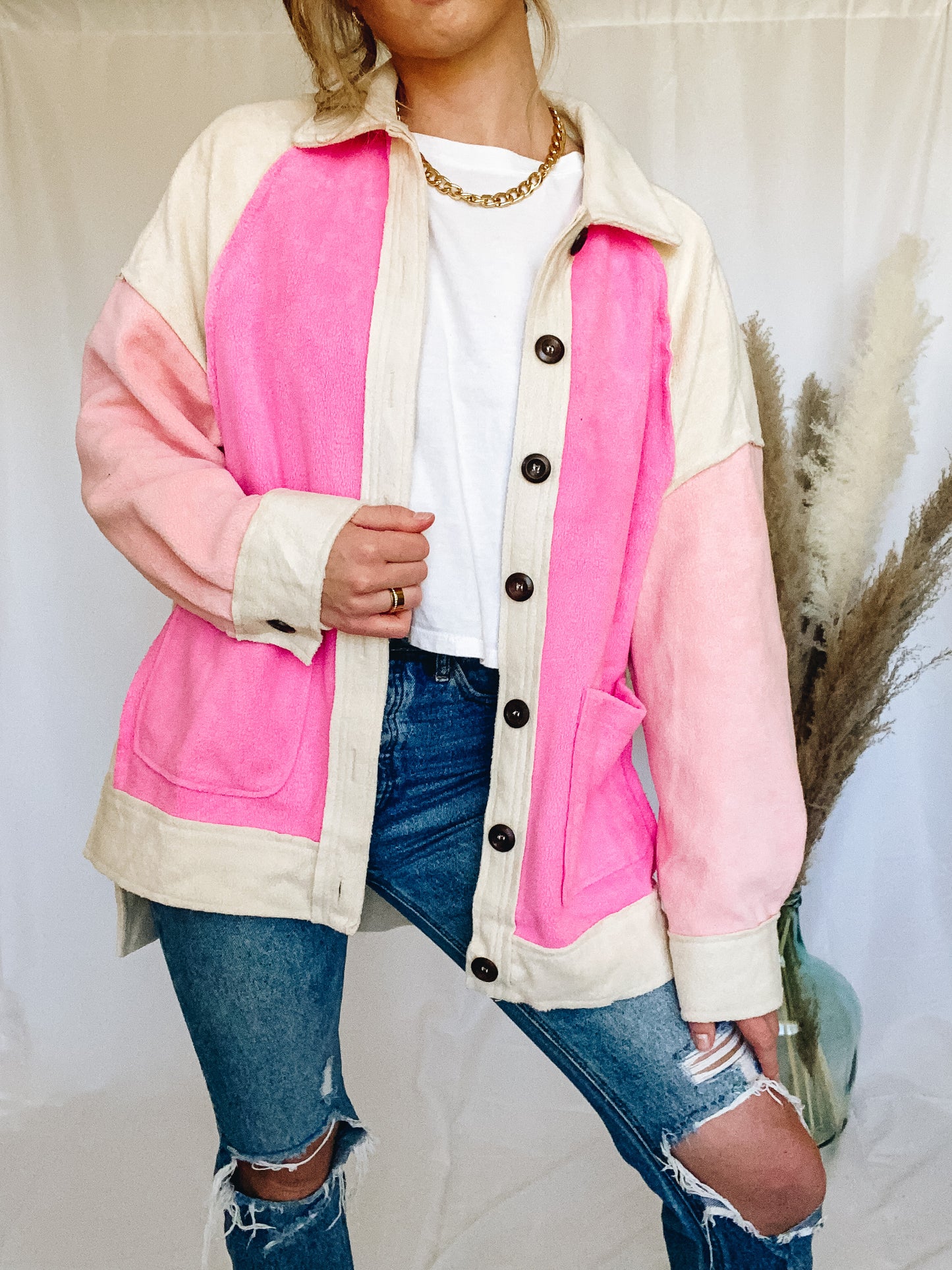 Think Pink Color Block Fleece Shacket