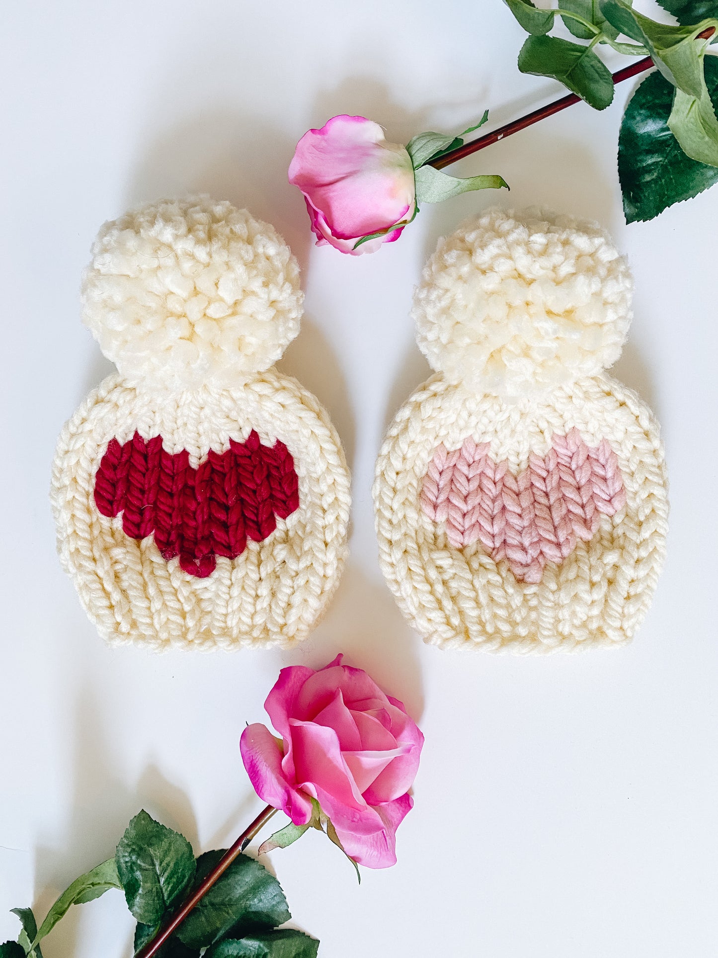 Hand-knit Heart Pom Pom Beanie