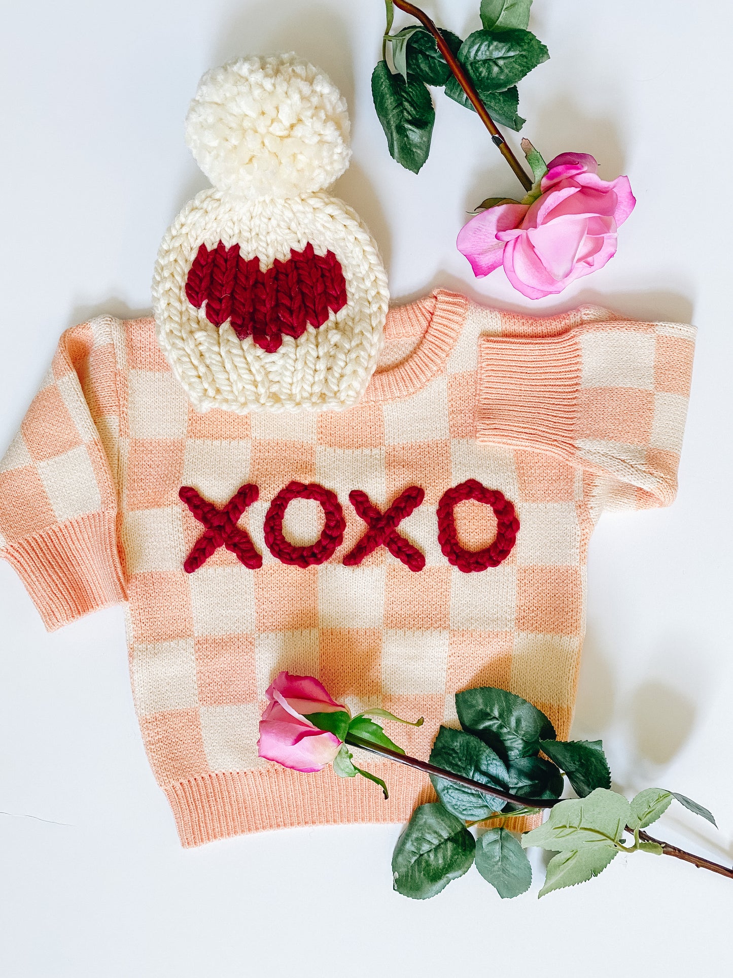 Hand-knit Heart Pom Pom Beanie