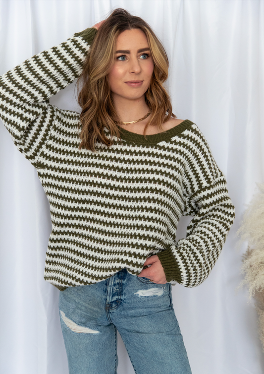 Olive Knit Striped Oversized Sweater