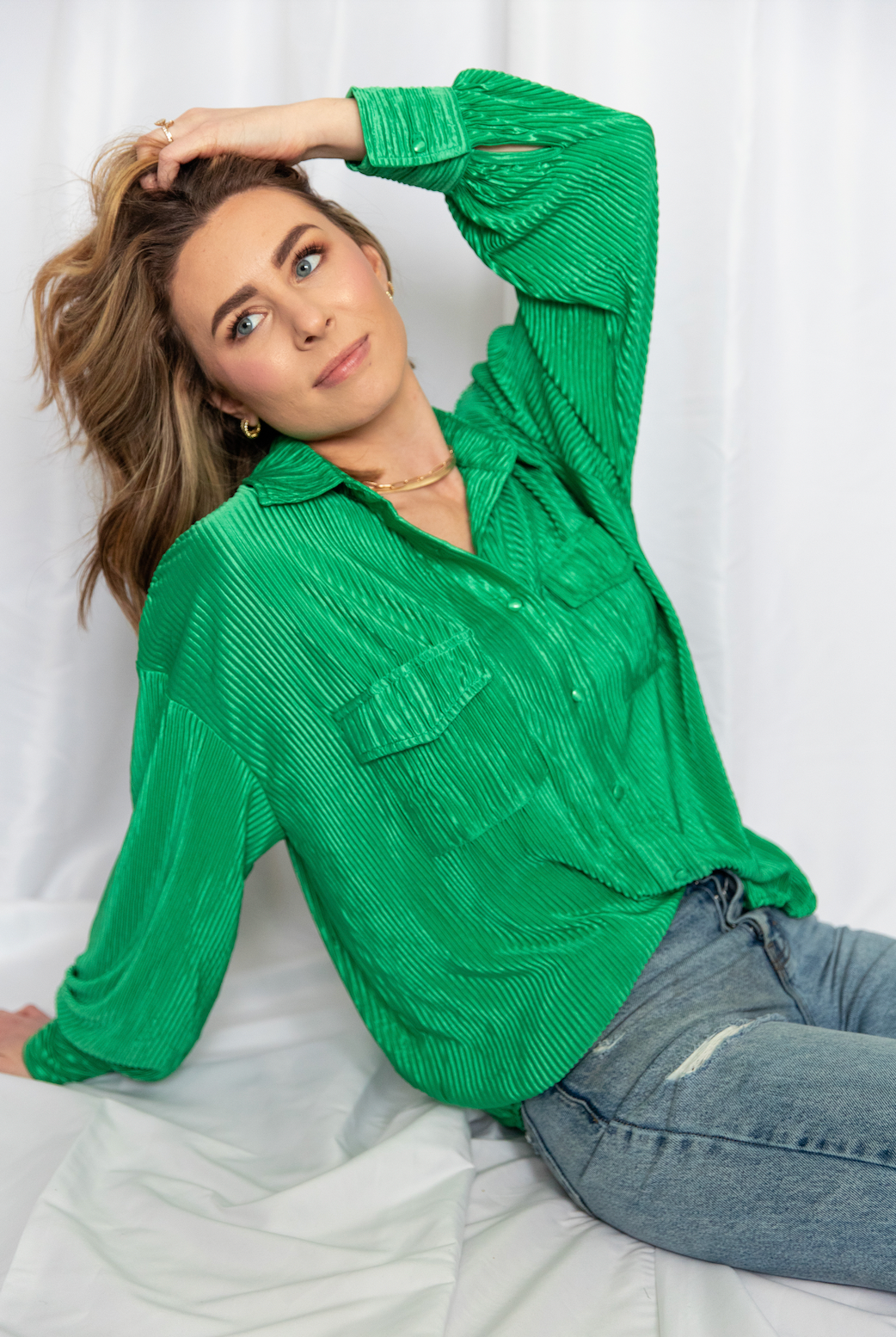 Kelly Green Crepe Pleated Blouse