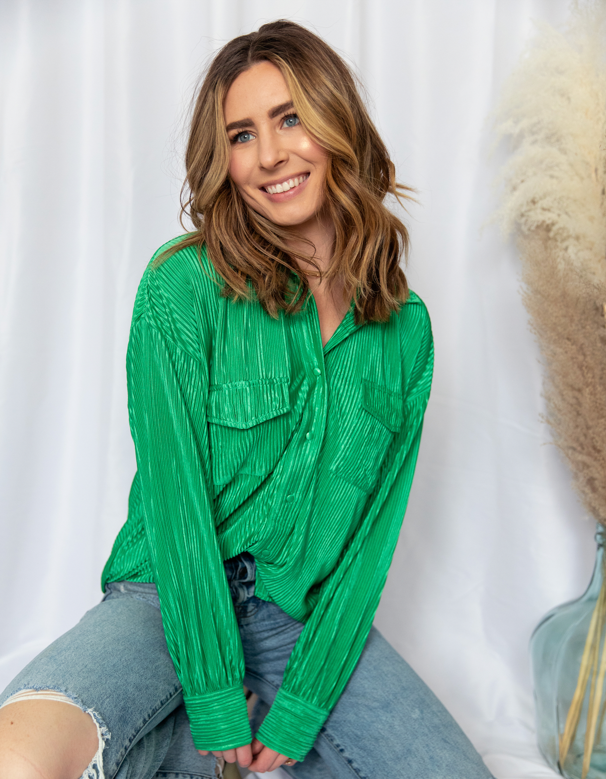 Kelly Green Crepe Pleated Blouse